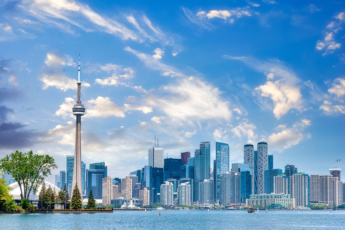 The Toronto city skyline during the daytime and seen from the Lake Ontario, Canada