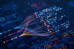 AI powers big data analysis and automation workflows, showcasing neural networks and data streams for business. Artificial intelligence, machine learning, digital transformation and tech innovation.