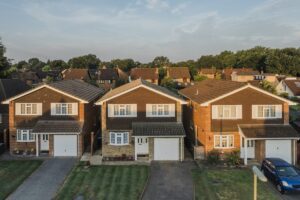 Houses in Surrey UK at sunrise, elevated view, morning light