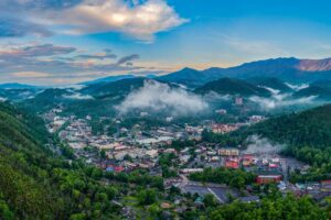 Gatlinburg, Tennessee, USA Downtown Skyline Aerial Panorama.