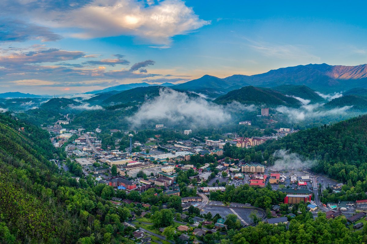 Gatlinburg, Tennessee, USA Downtown Skyline Aerial Panorama.