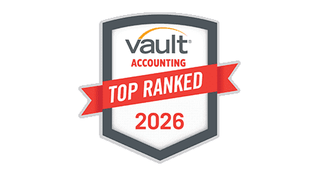 A badge-style graphic reads Vault Accounting Top Ranked 2026 with a red ribbon across a gray and white shield.