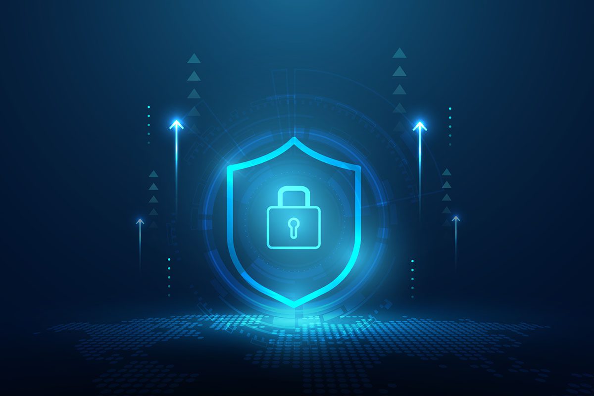 Digital render of cybersecurity and protection against a blue background