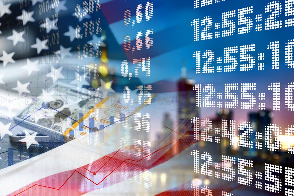 USA flag, cash dollar bills and numerical data. Economic graphs. Concept of technology and market innovation. (Abstract / symbolic concepts: growth, volatility, risk management, innovation, technology and finance, success, financial freedom, strategic decisions, opportunity, digital transformation, liquidity)