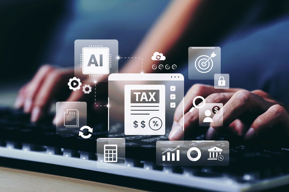 Business woman using artificial intelligence tax management interface with financial analytics dashboard, automation system, and digital accounting tools for online business and fintech workflow.