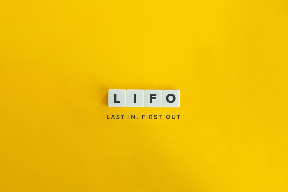 LIFO (Last in, first out) Banner. Letter Tiles on Yellow Background. Minimal Aesthetics.