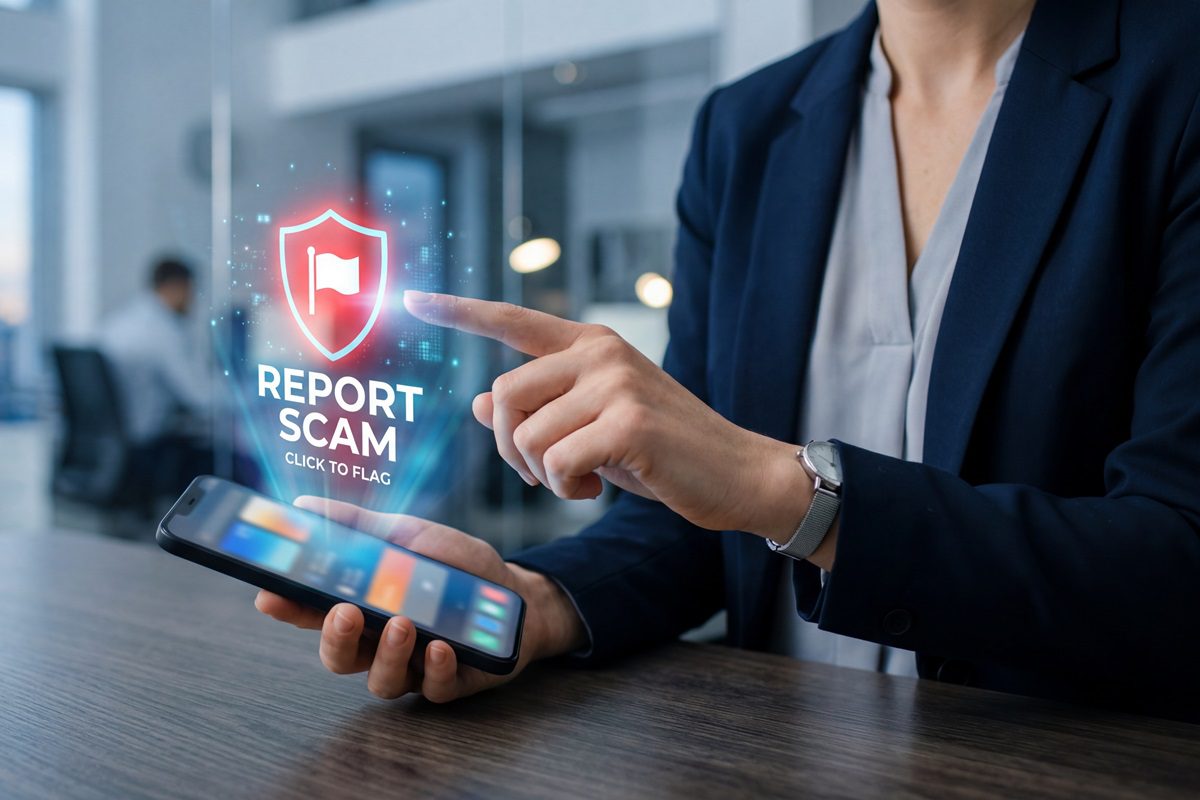 Businessperson reporting scam on smartphone with digital shield AI Cybersecurity Scam Prevention concept