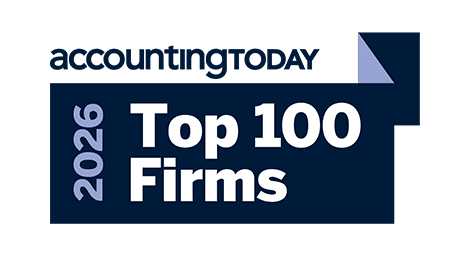 Accounting Today 2026 Top 100 Firms logo on a dark blue rectangular background with white and light blue text.
