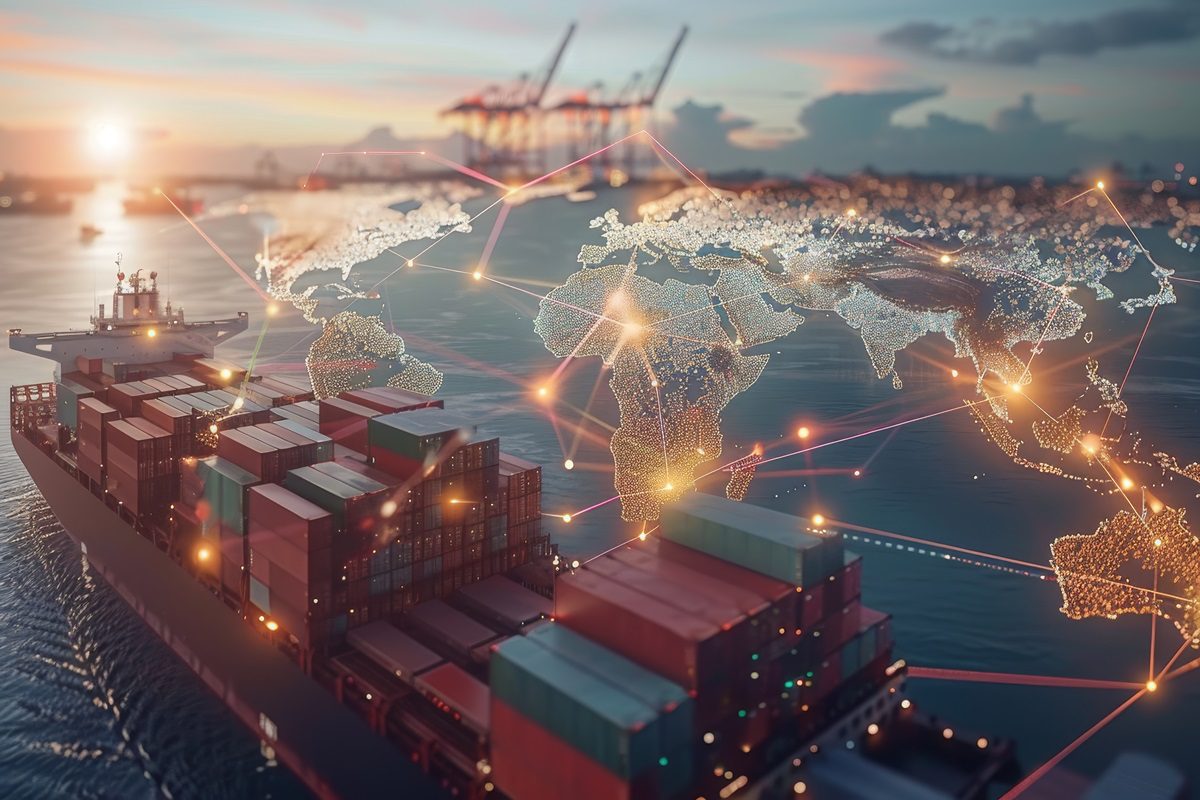 Interconnected global trade routes highlighted on world trade map