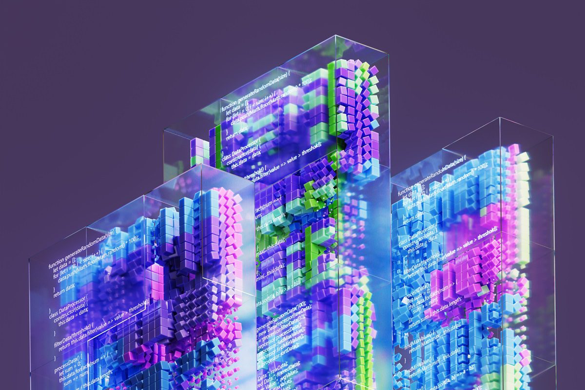 Colorful digital blocks representing artificial intelligence generating lines of code inside transparent glass cubes on a purple background, a visual metaphor for cybersecurity and data protection