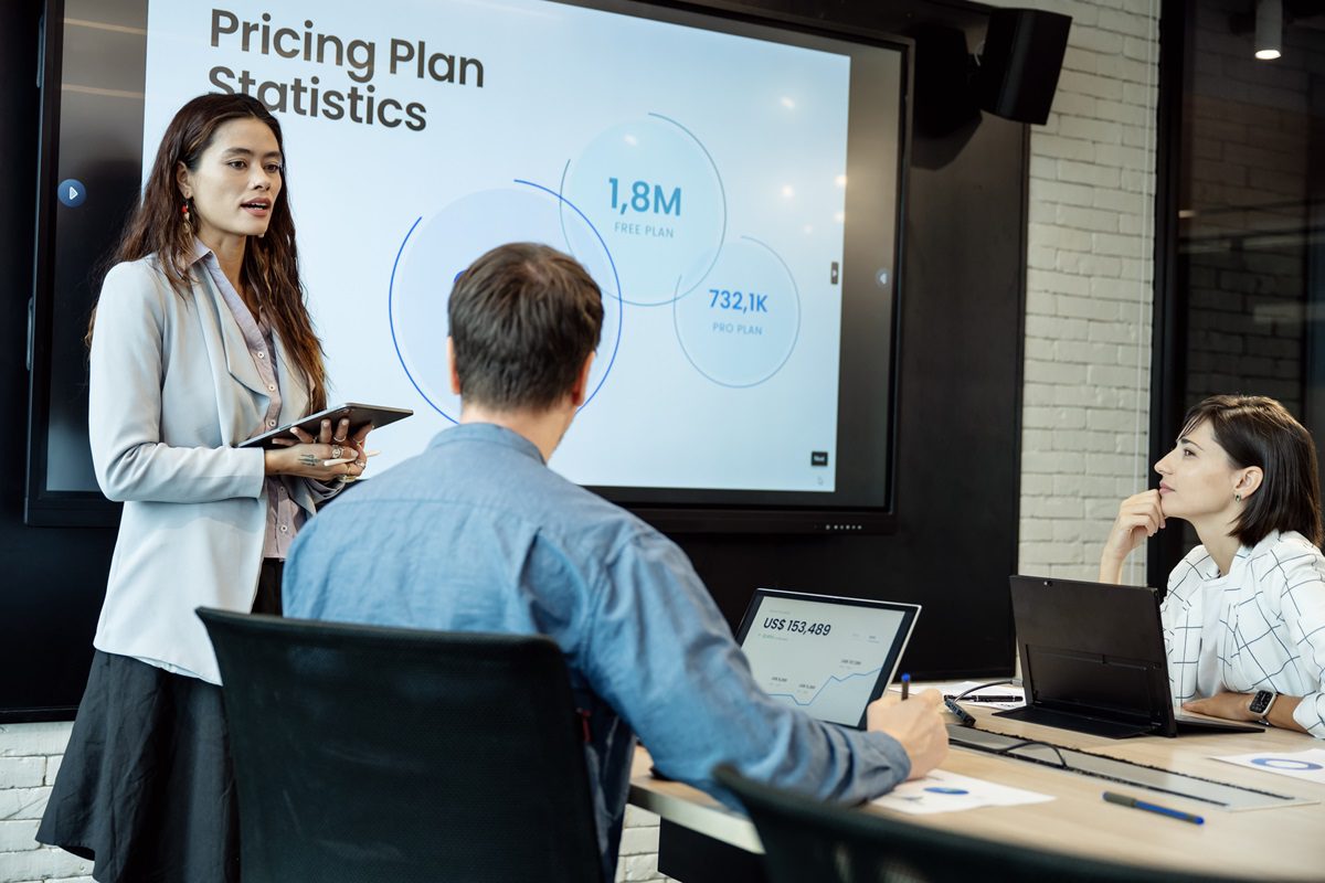 A diverse product and service development team reviews pricing strategies to optimize their target market and capture market share from competitors, analyzing data on a digital screen during a conference room meeting.