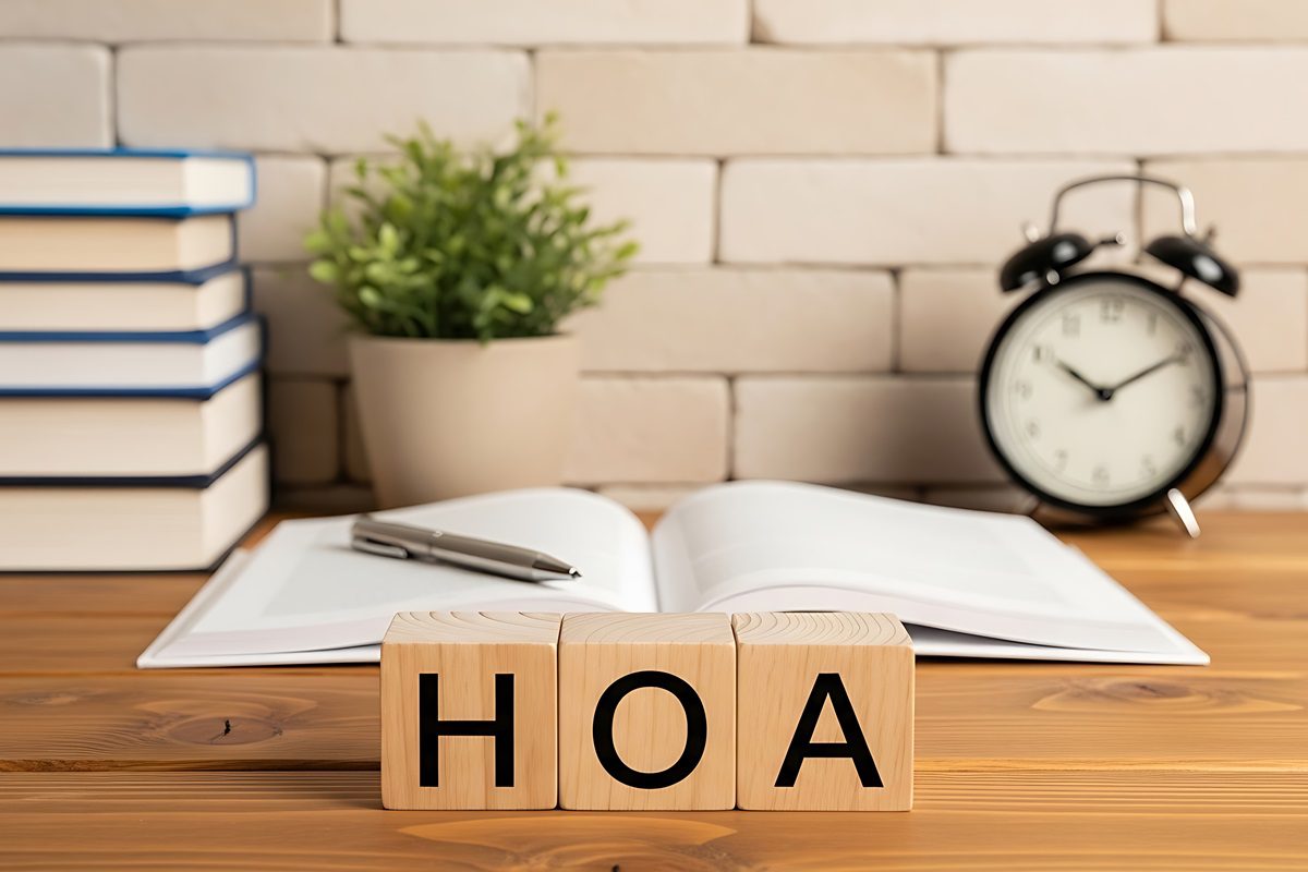 Hoa acronym on wooden blocks with books, plant, alarm clock and pen, symbolizing homeownership and community management, homeowners association