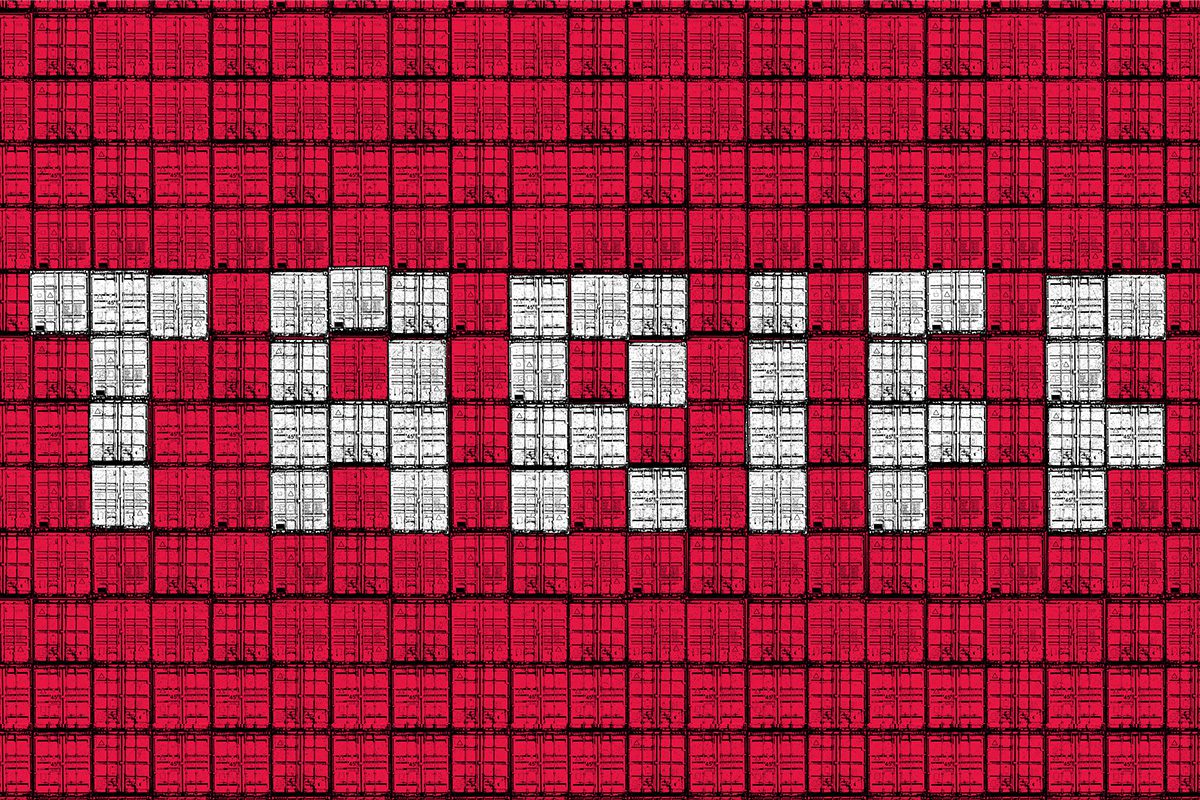 Stacked shipping containers, viewed from the front, are creatively arranged to form the word 'Tariff'. A concept centered on trade policy and economic themes, creatively highlighting the impact of tariffs. Centered around themes of trade, imports and exports, supply chains, shipping, and global business.