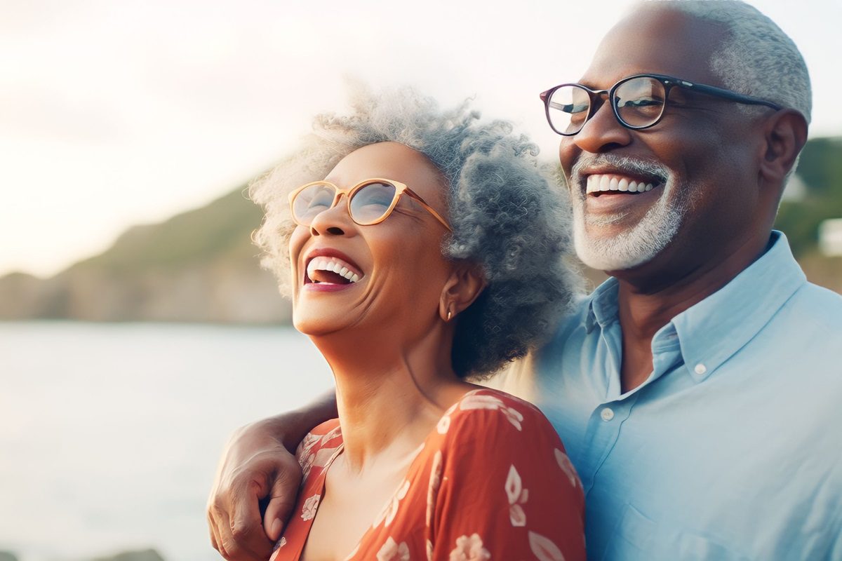 Romantic senior couple by the ocean. Affectionate elderly couple enjoying spending some quality time together after retirement, Generative AI