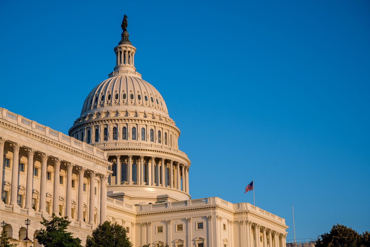 Late evening view of US Capitol building in Washington DC, USA