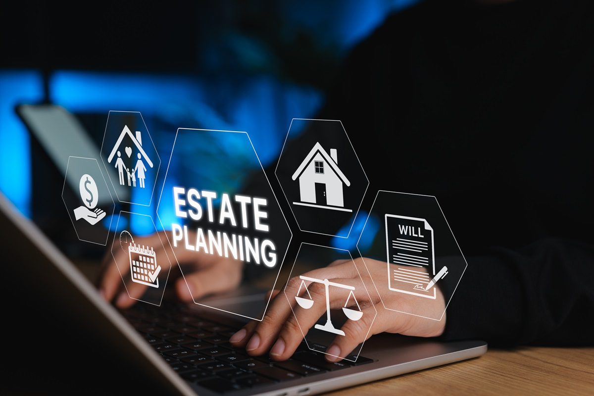 Person at a laptop with a digital overlay displaying estate planning icons including a home, will, family, and balance scale