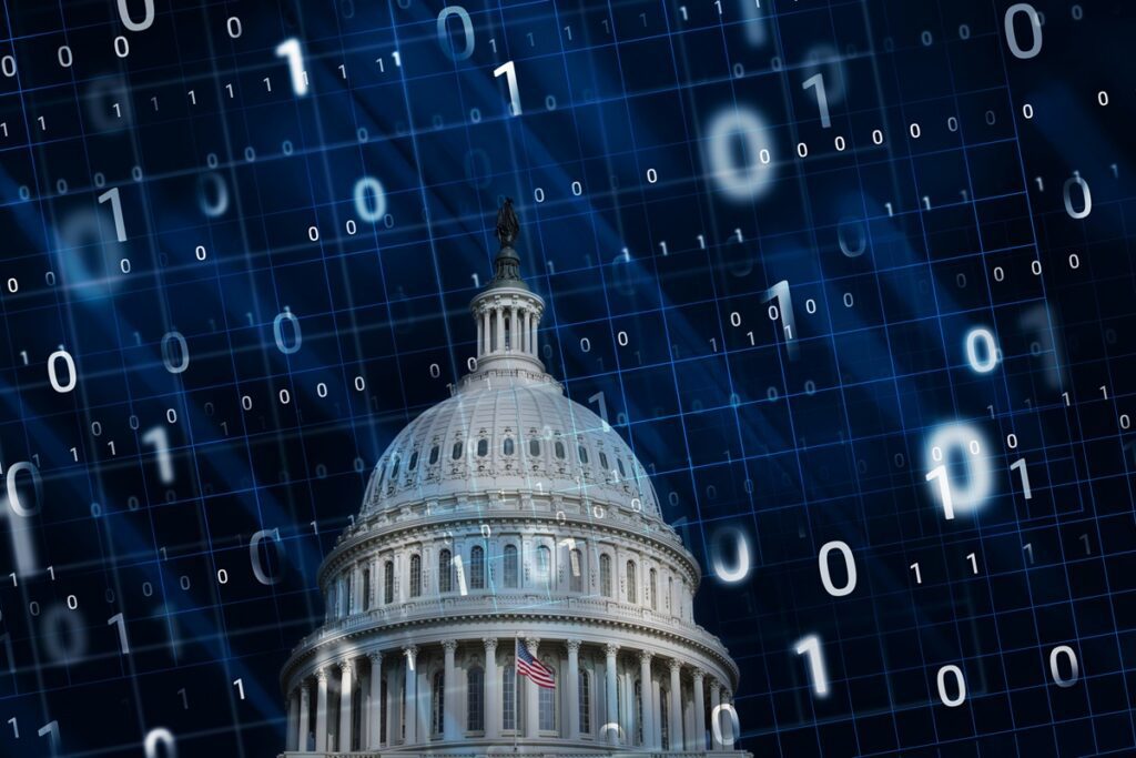 USA, Washington DC, Composite image of Capital Building with binary numbers