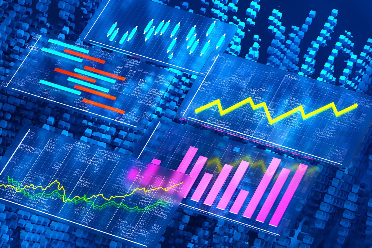 Digital generated image of multiple white cubes with abstract economy graphs and charts. Fintech concept.