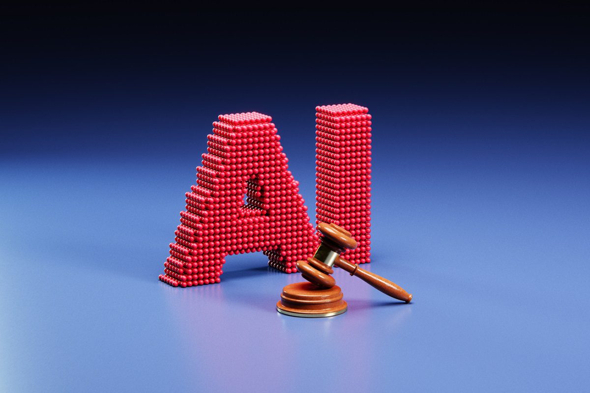 Conceptual image of a court room gavel in front of an artificial intelligence symbol to symbolize concepts around new laws and legislations around AI and AGI
