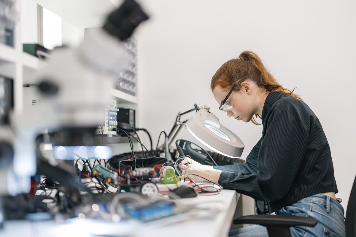 Student in an engineering class working on a robot project - STEM education concepts