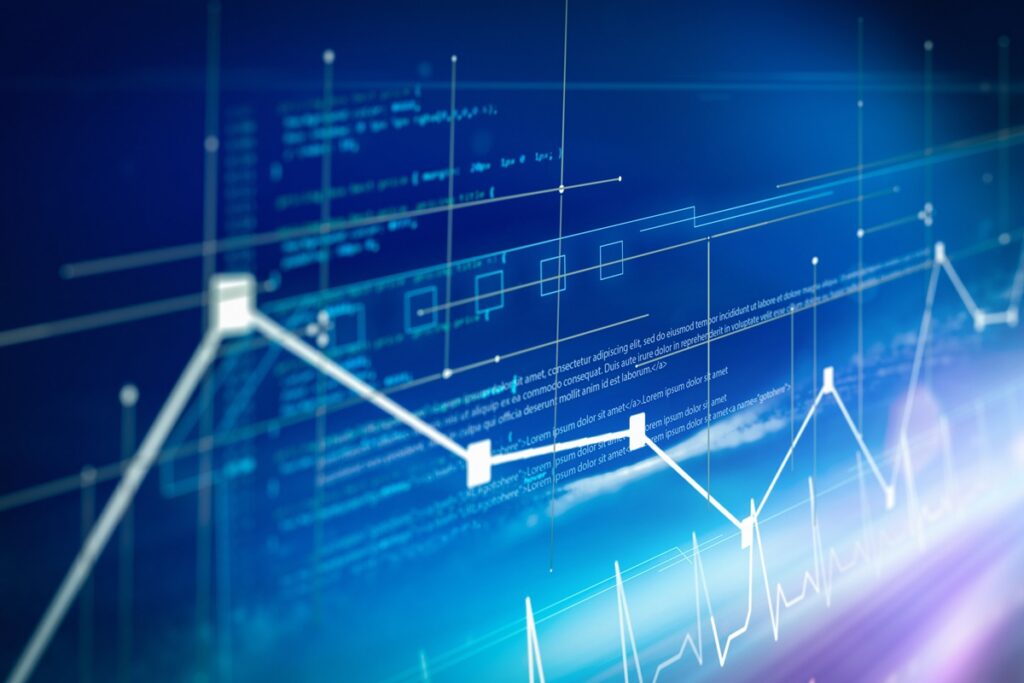 Glowing blue line graphs and network nodes over faint code, illustrating continuous cybersecurity compliance monitoring.