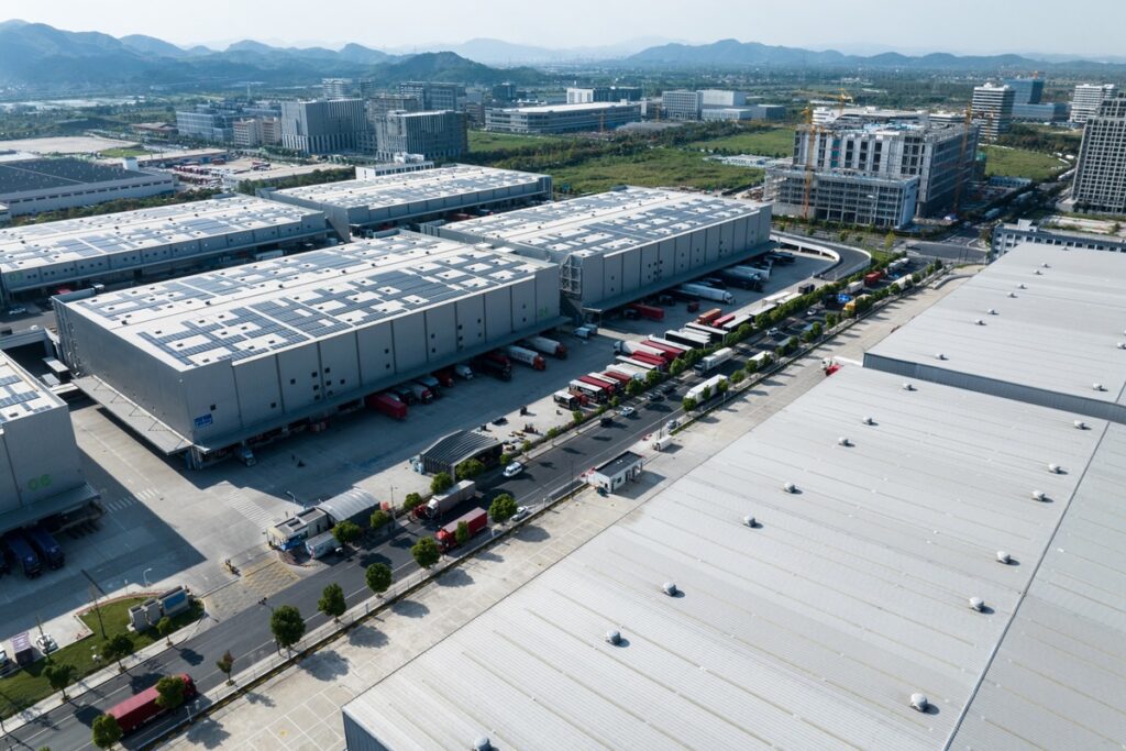 Solar panels on the roof of the logistics warehouse.