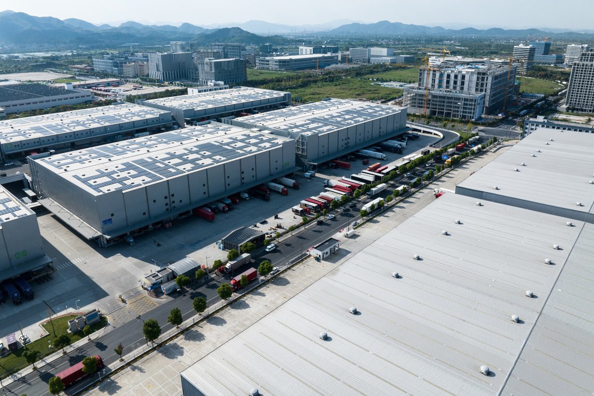 Solar panels on the roof of the logistics warehouse.