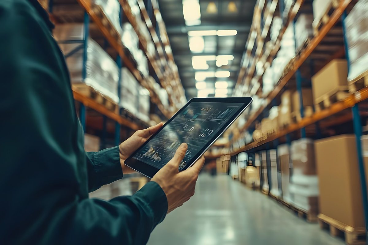 A person using a tablet in a warehouse surrounded by organized shelves and boxes, highlighting modern inventory management.