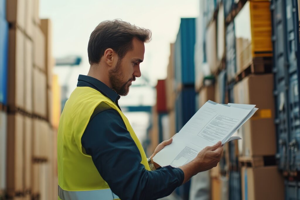 A customs agent examining imported goods and checking import duty documents