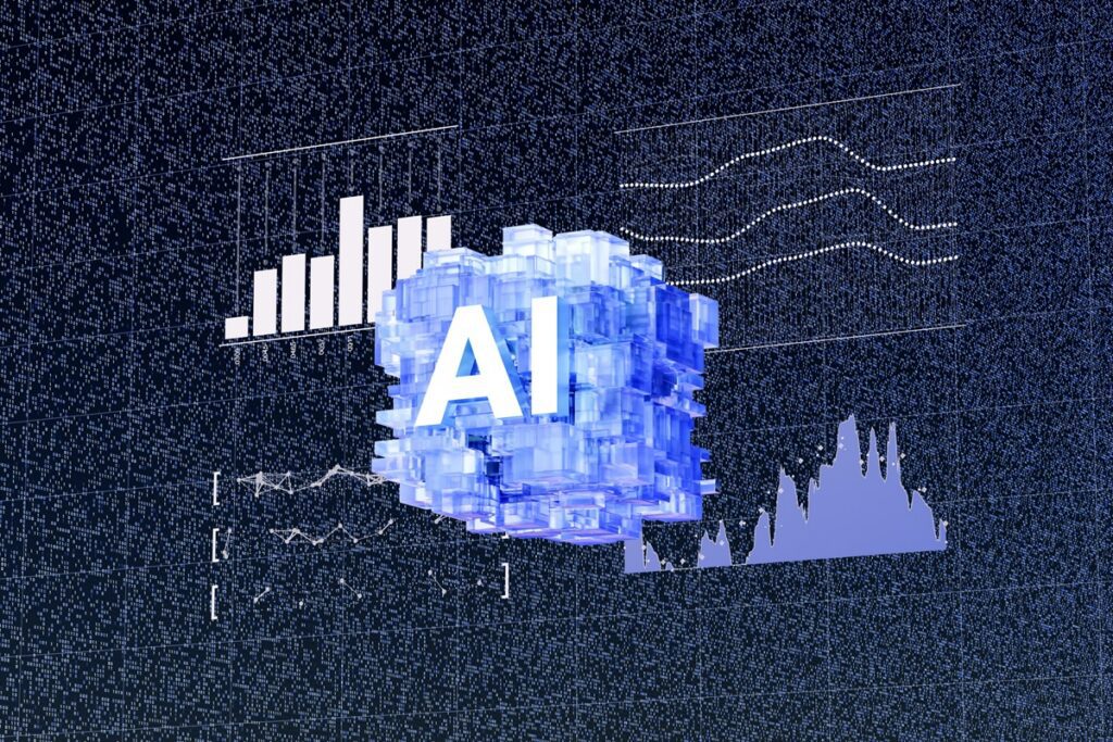 A futuristic conceptual image showcasing a radiant AI symbol floating prominently before an array of colorful financial charts intertwined with flowing binary code patterns. This composition captures the synergy between artificial intelligence and complex financial analytics, emphasizing innovation in automated trading, big data interpretation, and smart investment strategies. Perfect for use in fintech marketing, AI-driven finance platforms, and technology-focused editorial content, with clear space for text, logos, or promotional messaging.