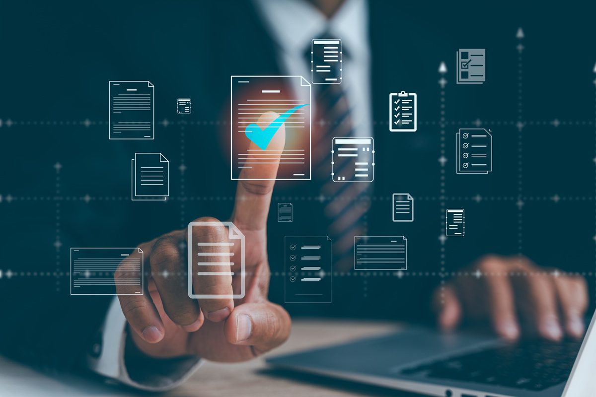 Businesswoman points to ISO certified document, ensuring standard quality control and product quality checklist online