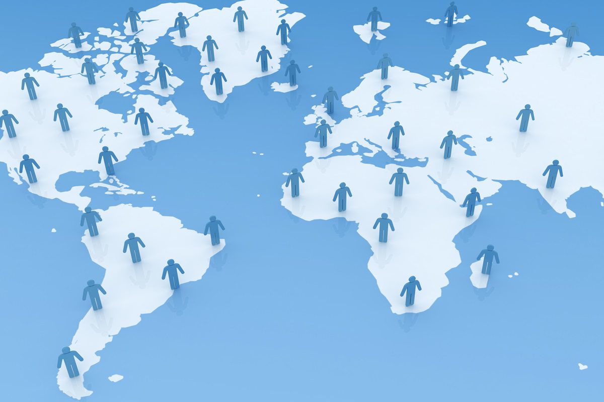 Blue 3D human figures placed across a white world map illustration on a blue background, representing a global distributed workforce.