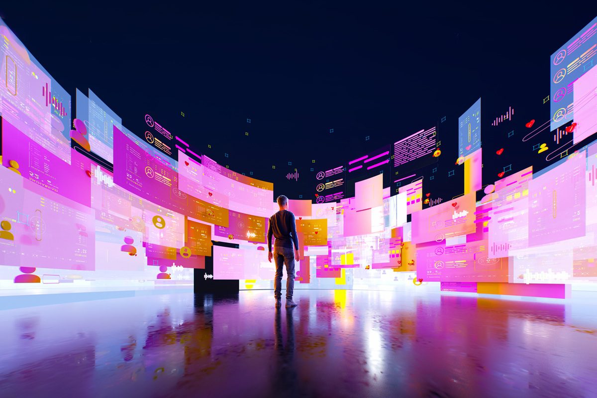 Digital generated image of young man in empy black space with semi reflective floor surrounded by multicoloured semi transparent data screens.