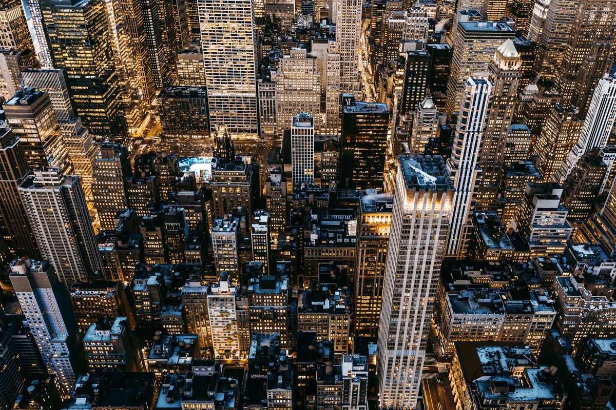 Aerial View of Buildings in Manhattan at Night / NYC, shot from Empire State Building.