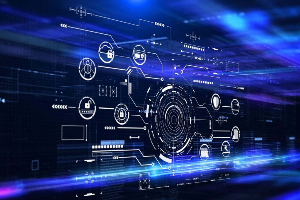 Technology data protection cyber security on digital data background. HUD circular with padlock privacy secure concept illustration.