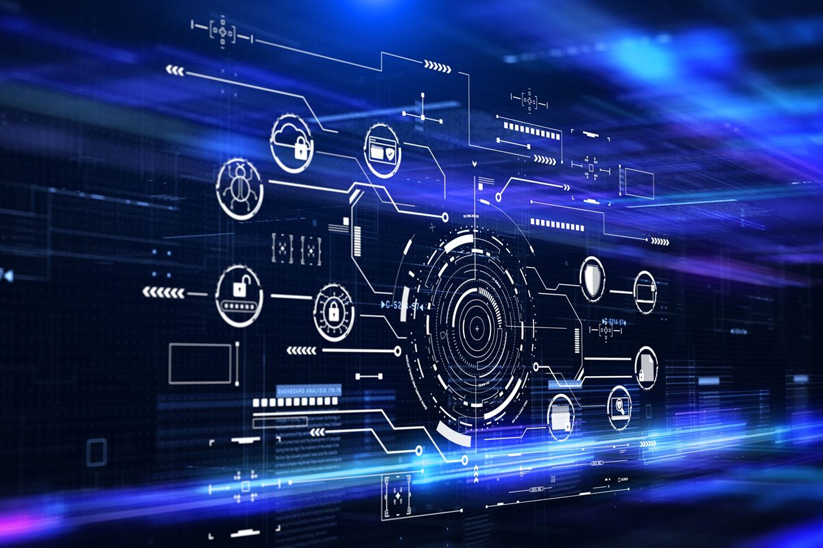 Technology data protection cyber security on digital data background. HUD circular with padlock privacy secure concept illustration.
