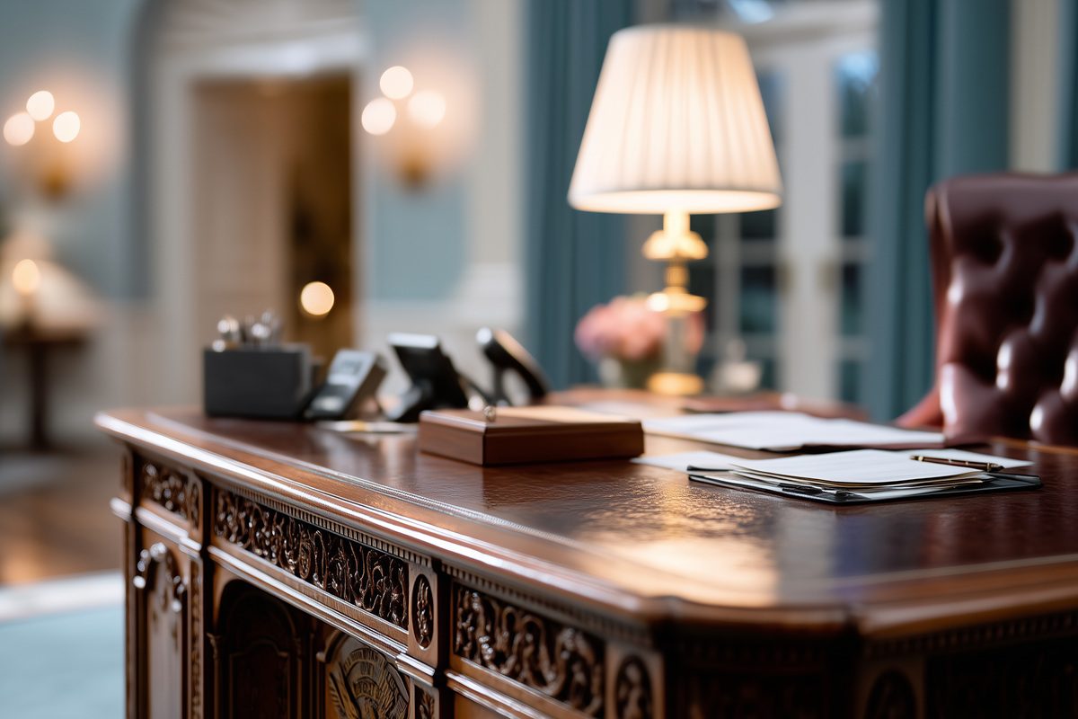 Close-up front view of the iconic Resolute Desk in the White House Oval Office, shot at eye level, 35mm cinematic photography