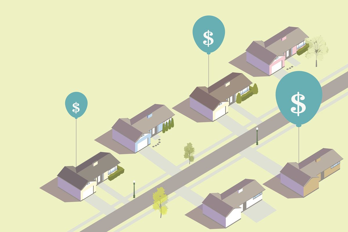 Houses are shown with balloons with dollar signs, communicating increasing housing prices or a real estate bubble, in this isometric vector illustration