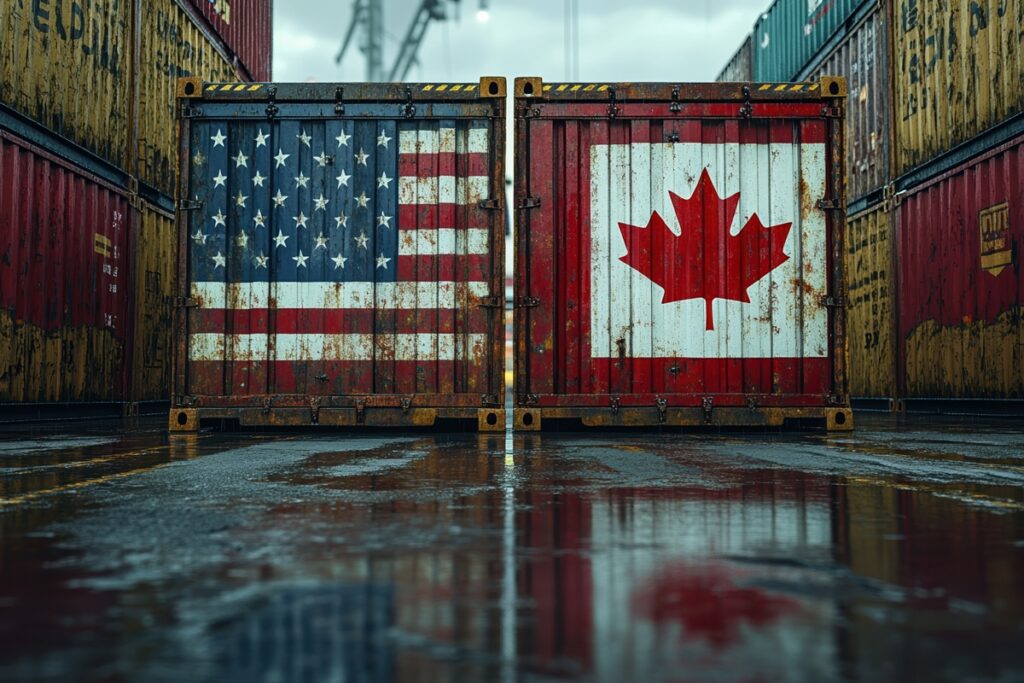 Shipping containers with usa and canada flags side by side at a rainy industrial dockyard.