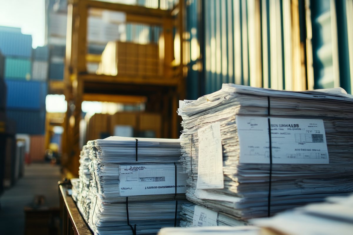 Import documentation: A scene showing import documents being processed, with attention to detail on customs declarations, invoices, and compliance checks.