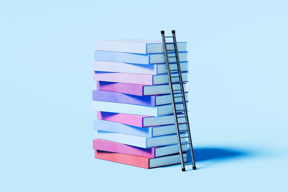 Abstract educational concept featuring a vertical stack of blank books in bold shades of blue, red, and purple, set against a clean blue background. A slender ladder extends from the ground to the top of the stack, symbolizing ambition, growth, and the journey of knowledge. The colorful, minimal design is ideal for illustrating academic achievement, career progression, training, and professional development in educational, corporate, or motivational materials.