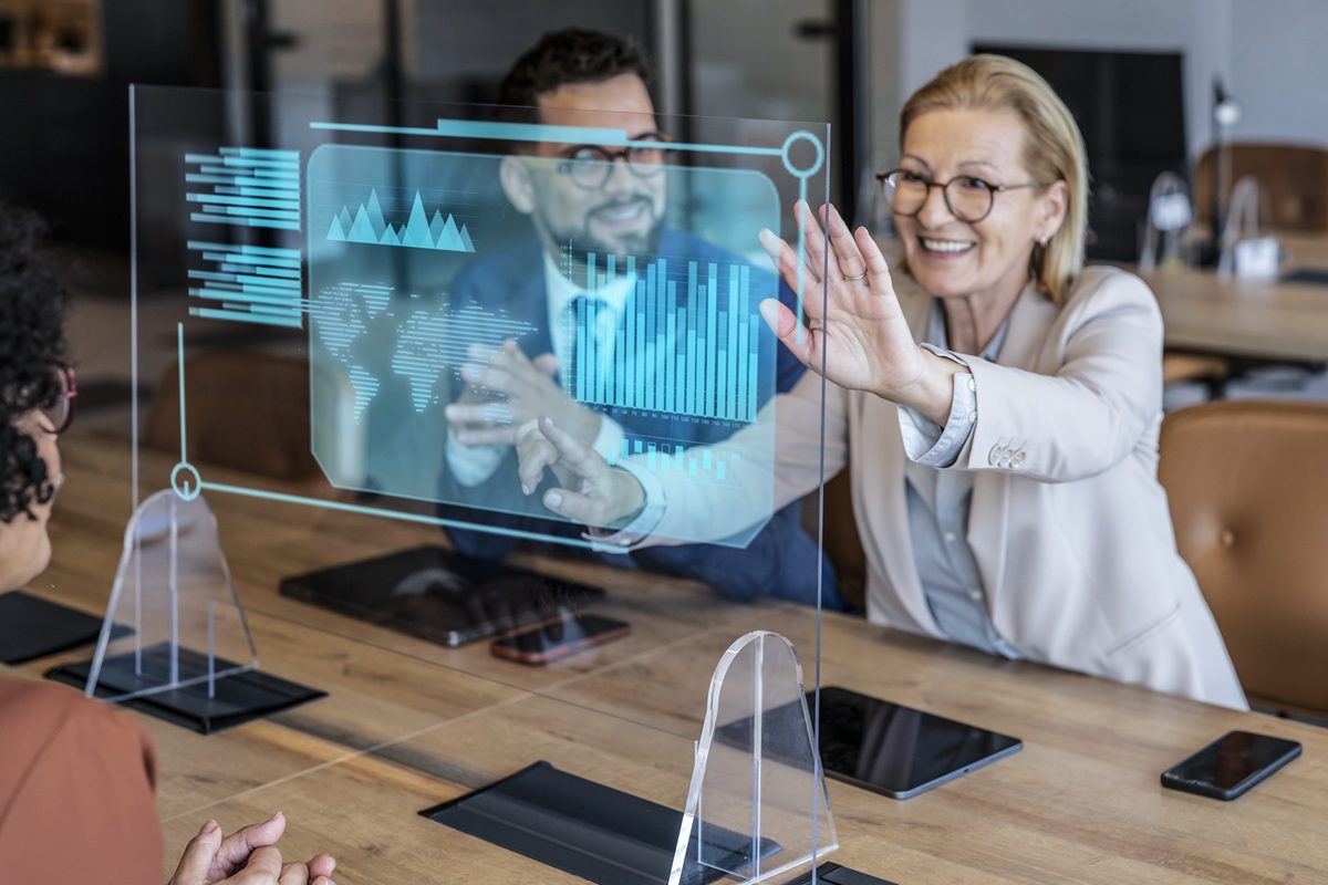 Business people using an AI infographic. AI concept