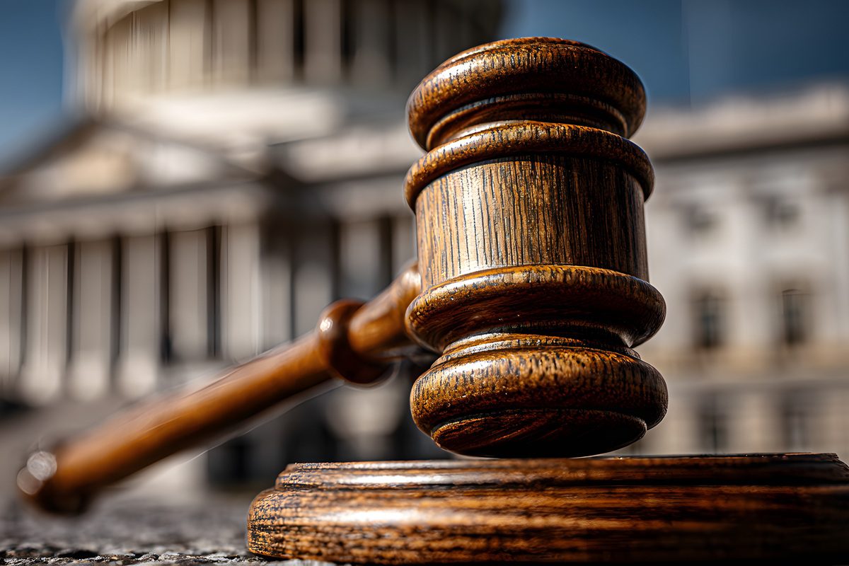A gavel in focus representing justice and law in front of the Capitol building