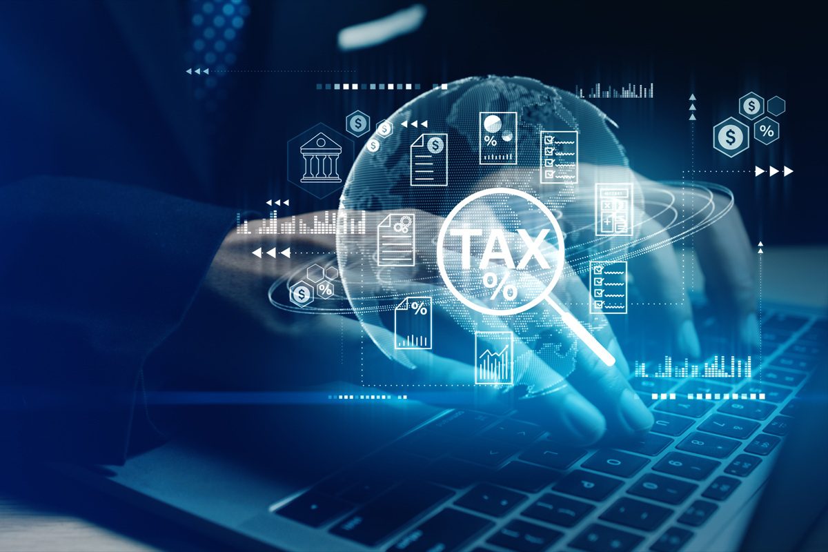 Businessman using laptop with virtual digital tax icons, charts, and data management tools. Ideal for fintech, tax filing, and online accounting themes. 3d Rendering