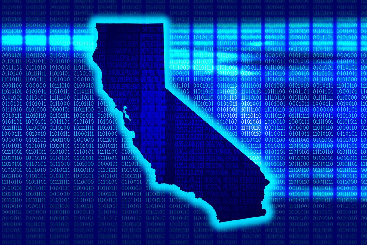 California - State with glow with a 101010 background in a 1970 dot matrix font on a computer screen.