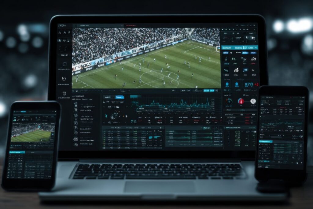 Multiple screens show a sports analytics platform providing live data and visuals during an exciting soccer match. The atmosphere is dynamic, filled with fans cheering in the background.