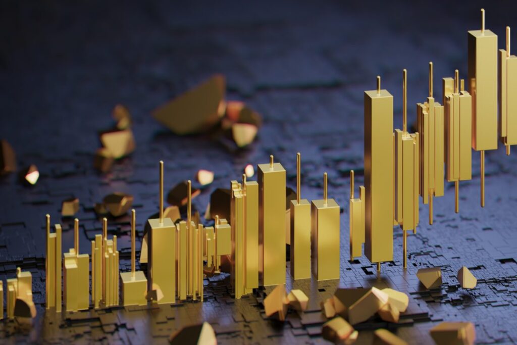A dramatic composition of stacked gold bars against a dark financial chart, symbolizing wealth, investment growth, and market momentum. Ideal for finance, stock market, and economic success themes.