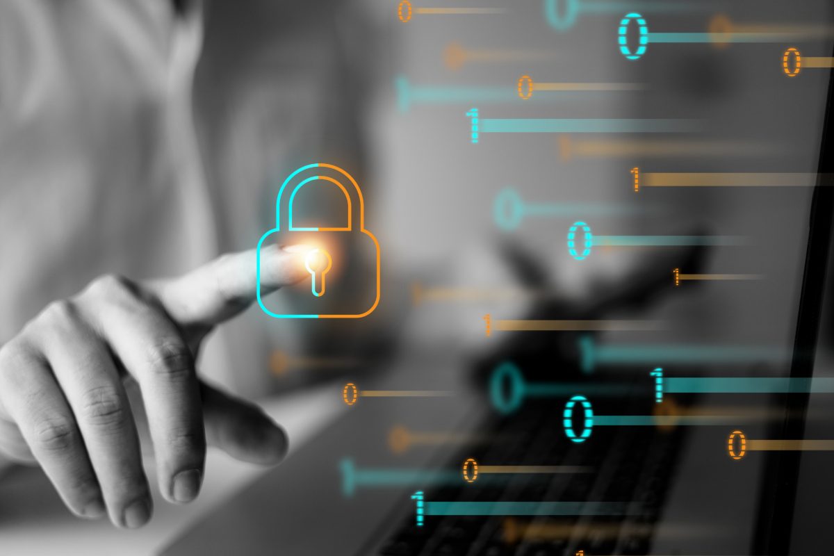 Network security system. personal data laptop data and cyber security technology services internet technology black and white background