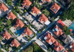 Aerial photography of rows of villa roofs