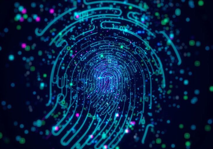 Digital generated image of data forming fingerprint icons on black background.